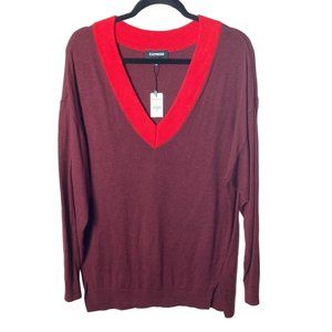 NWT Express Women Maroon Red Deep V Neck Tunic Oversized Pullover Sweater Sz XS